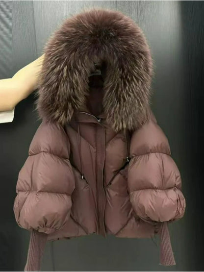 New Wool-neck Hooded Down Jacket Winter Thickened Warmth Loose Duck Down Coat Fashionable Simple Commuting Warm Women's Clothing