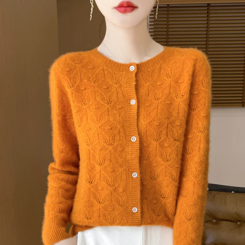 New Autumn Winter Soft Warm Cardigan Woman Cashmere Sweater O-neck Women 100% Merino Wool Sweater Loose Fit Hollow out Top Coat