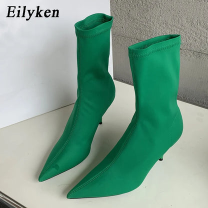 2026 New Spring Autumn Stretch Fabric Women Ankle Boots Sexy Pointed Toe High Heels Fashion Female Socks Pumps Shoes