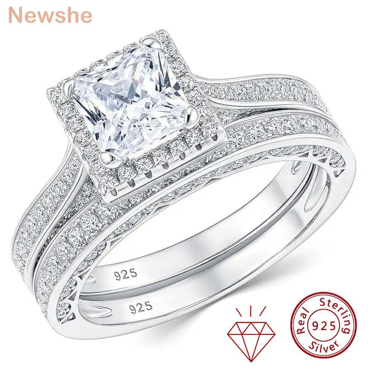 Newshe 2Pcs Genuine 925 Sterling Silver Moissanite /AAAAA Zircons Wedding Ring Set Halo Princess Cut Engagement Rings for Women