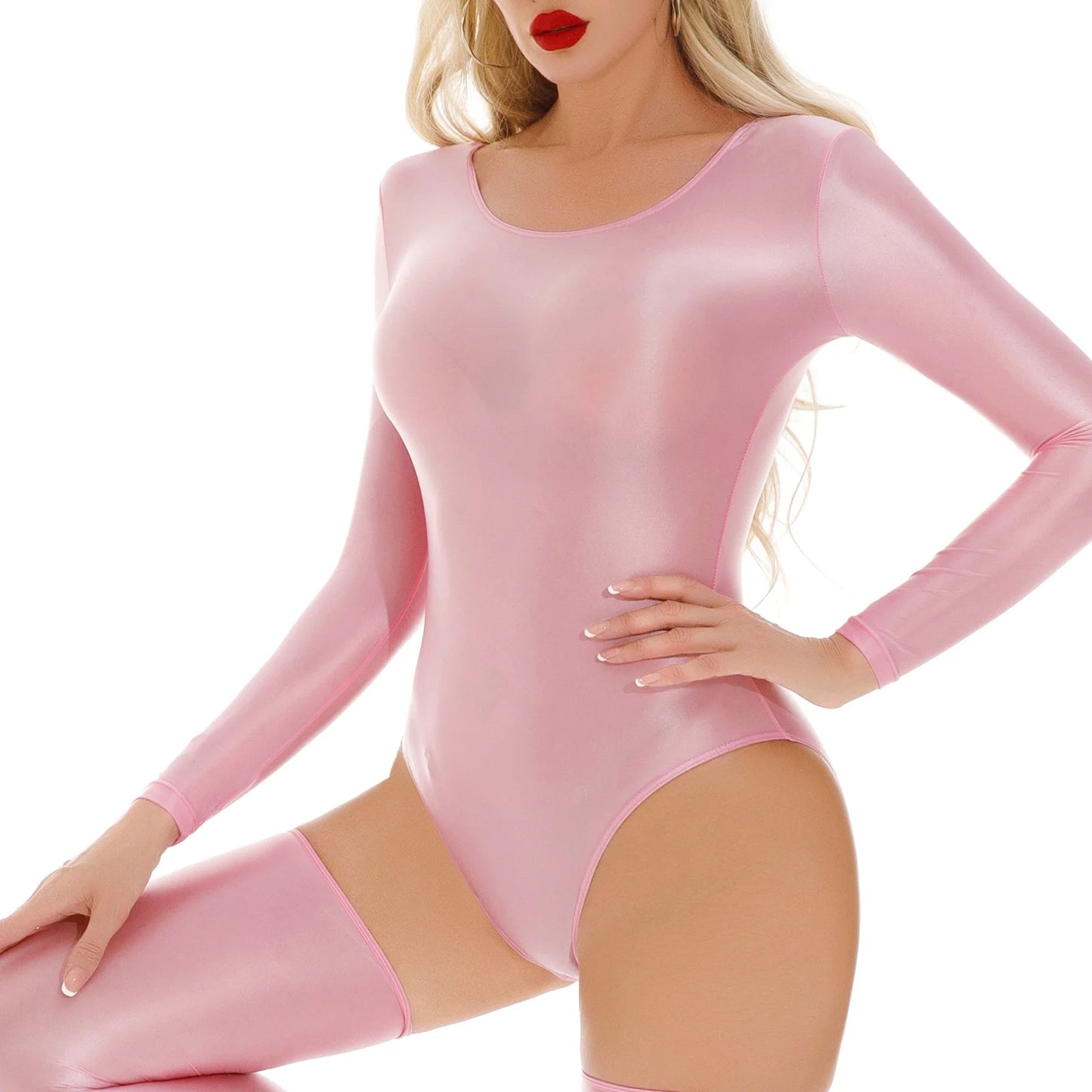 Women's Swimsuit One Piece Swimwear Oil Glossy Stretchy Gym Fitness Long Sleeve Round Neck Tights Leotard Bodysuit Clubwear