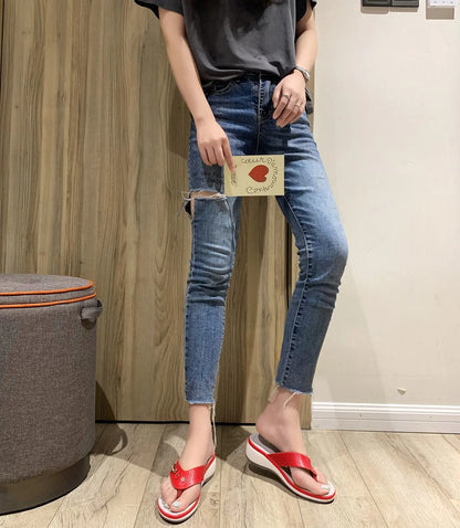 Sandals for Women Flip Flops Metal Button Slides Slipper Beach Dance Non-slip Casual Wedge Shoes Female Summer Slippers Sandals
