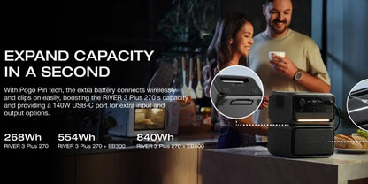 ECOFLOW River 3 Max 560 Portable Power Station, Extra Battery EB300 and River 3 Plus 270, 268Wh-554Wh Expansion LiFePO4 Battery with 10-Year Lifespan, Built-in 140W USB-C Port for Charging/Discharging, Use Independently
