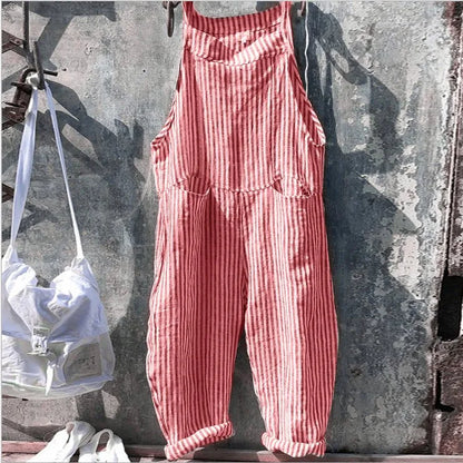 Women's Stripe Jumpsuits Cargo Pants Wide Leg Pants Trousers Multicolor Ethnic Bib Sleeveless Casual Loose Jumpsuit With Pockets