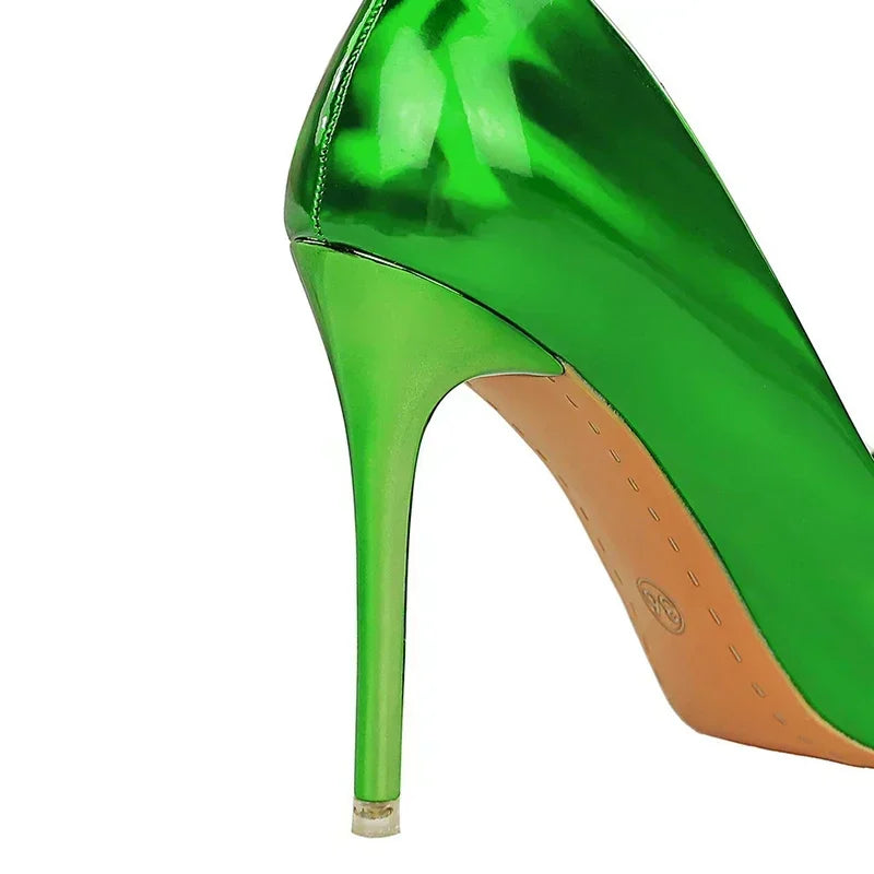 Women 10.5cm High Heels Glossy Leather Drag Queen Banquet Dress Pumps Lady Luxury Crystal Bow Stiletto Blue Green Red Prom Shoes
