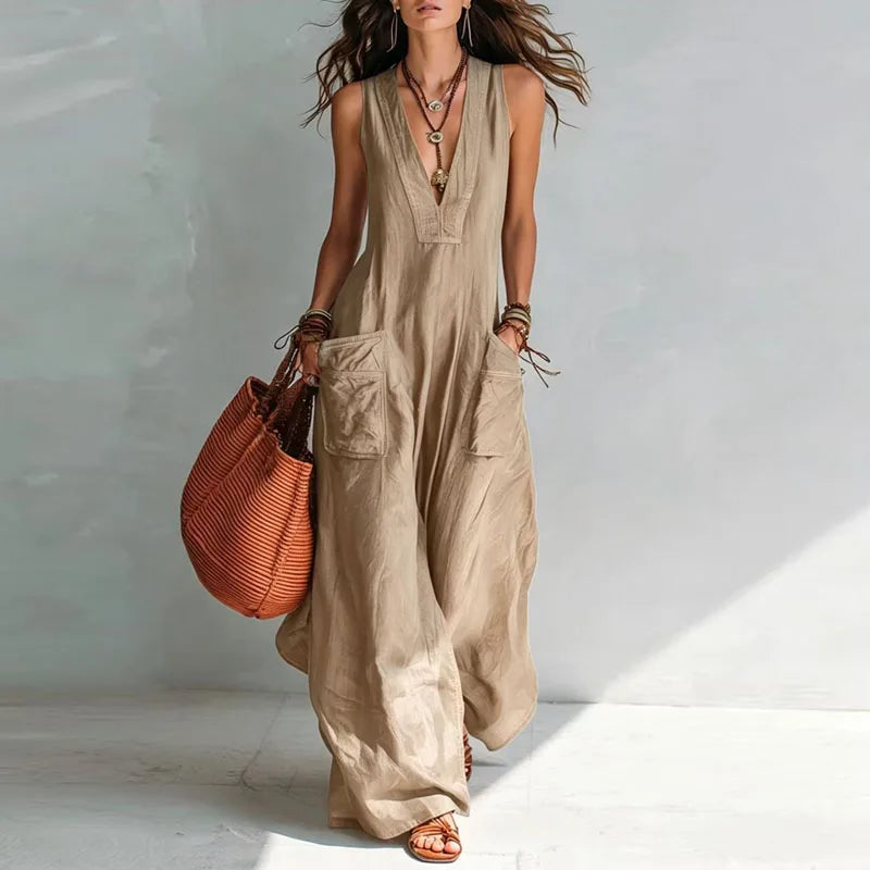 Vintage Sleeveless Overall Jumpsuits Women Deep V Neck Relaxed Pockets Flowy Wide Leg Pants Boho Holiday Vacation One Piece Sets
