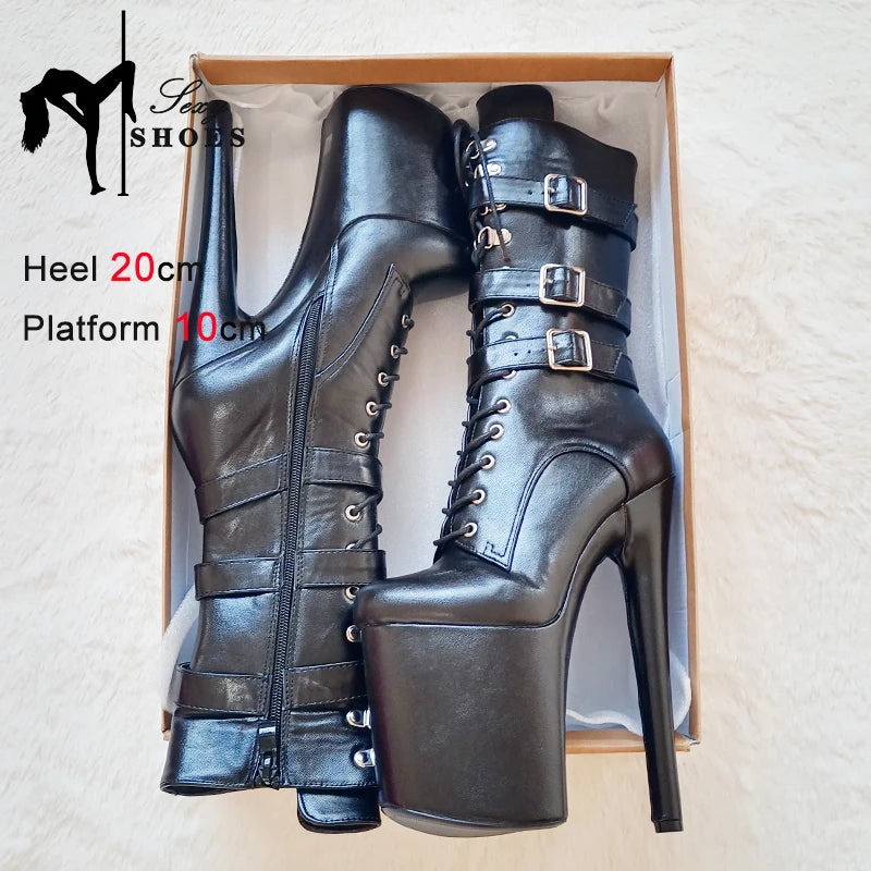 Sexy Knight Female 8Inch High Heel Platform Ankle Boots for Women Autumn Winter Shoes 20cm Black Buckle Strap Pole Dancing Boots