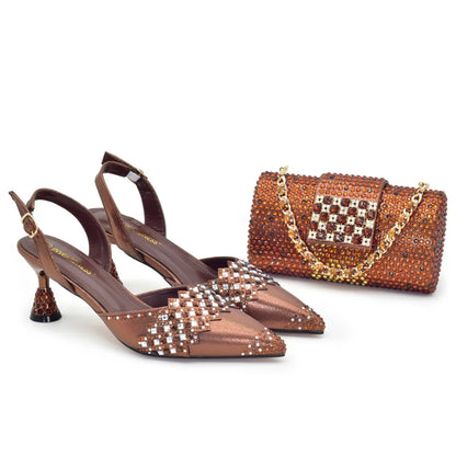 African Matching Shoes and Bags Set Decorated with Rhinestone Bag and Shoe Set Nigeria Party Pumps Street Style High Heels