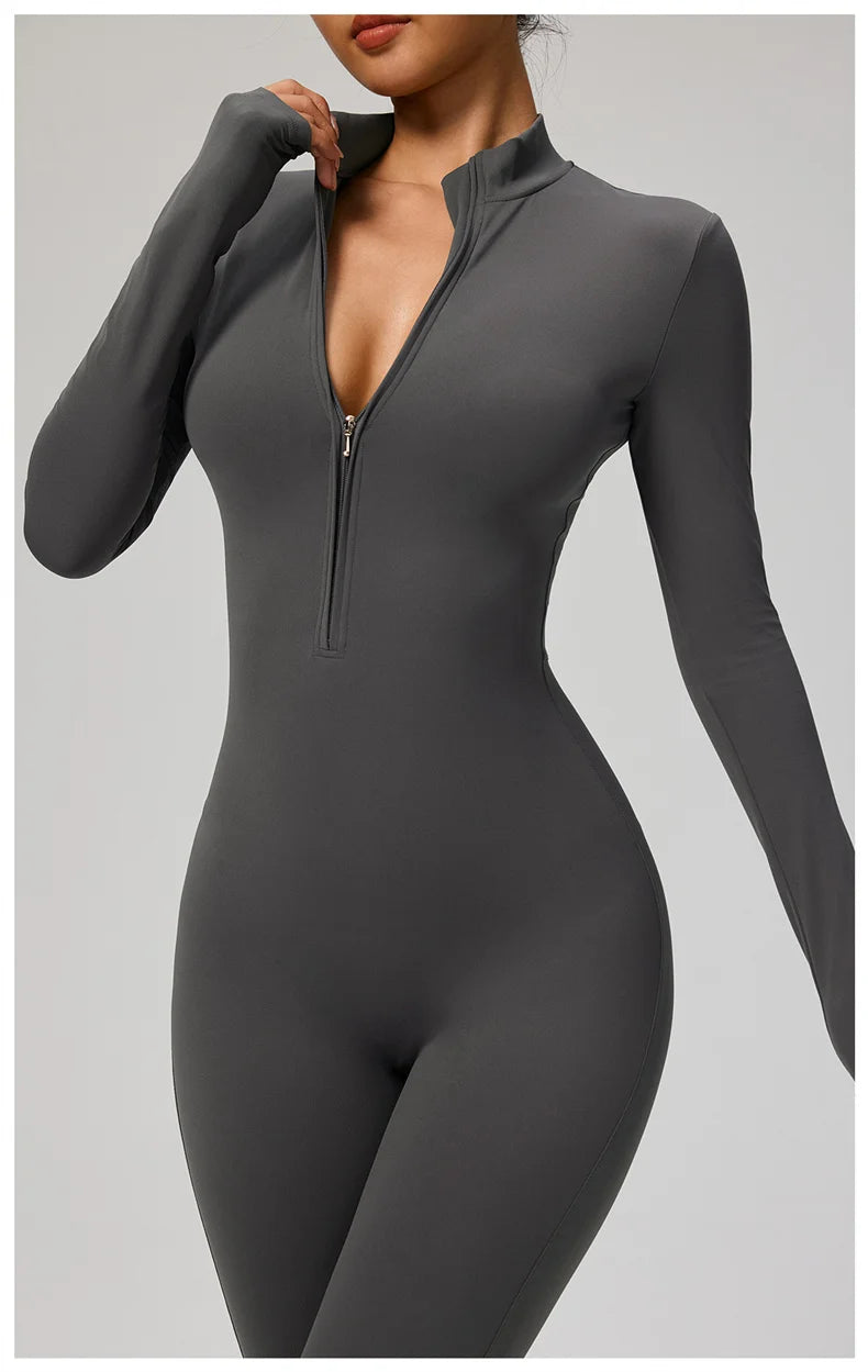 TRY TO BN Women's Jumpsuit Long Sleeve Zipper Shapewear Bodysuit Yoga Fitness One Piece Tights Gym Clothing Mono Deportivo Mujer