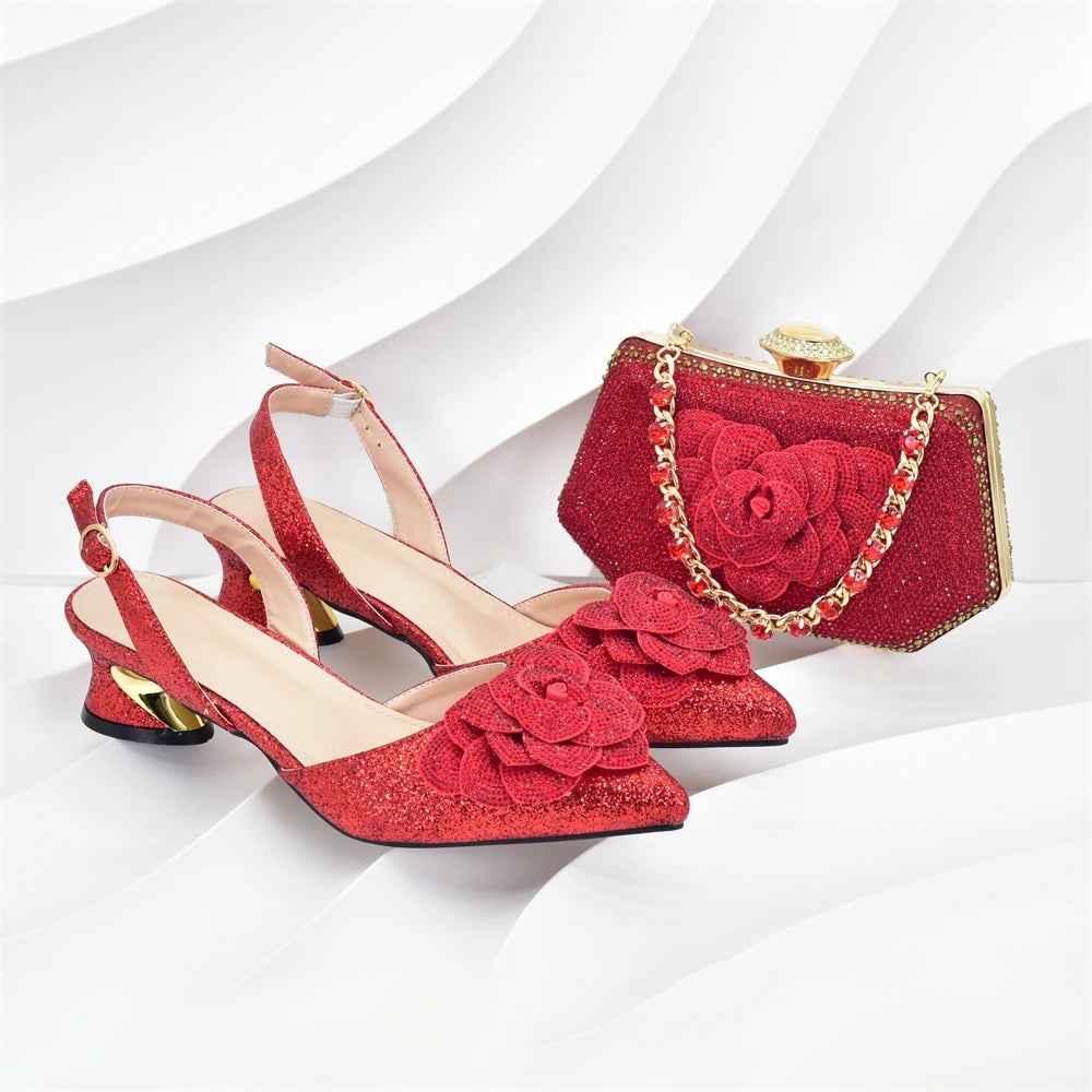 New Arrival Nigerian Women Heel Party Ladies Italian Design Shoes and Bag Set with Rhinestone Wedding Party Luxury Shoes Women