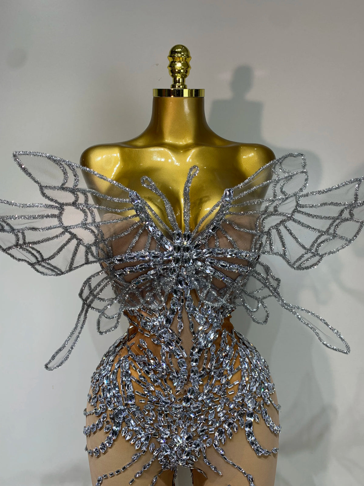 Sparkly Silver Diamond Butterfly Strapless Sheer See Through Jumpsuit Eveing Party Birthday Bar Nightclub Sexy Stage Costumes