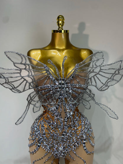 Sparkly Silver Diamond Butterfly Strapless Sheer See Through Jumpsuit Eveing Party Birthday Bar Nightclub Sexy Stage Costumes