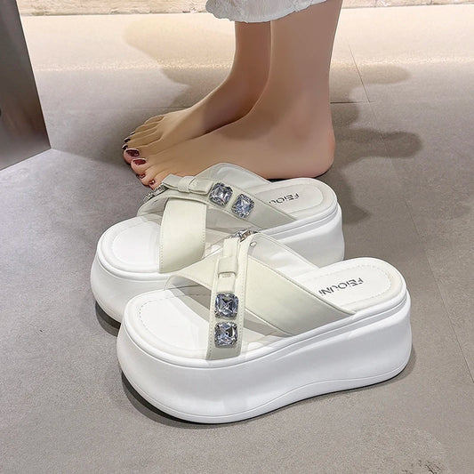 Summer Women's Luxury Rhinestone Bow Platform Wedge Slides Sandals Height Increasing Cross Open Toe Casual Beach Slippers Shoes
