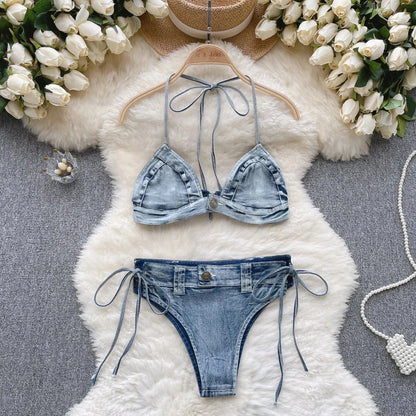 Retro Women Bikini Denim Suits Summer Halter Camis Mini Short Pant Fashion Vacation Suits Sexy Comfortable