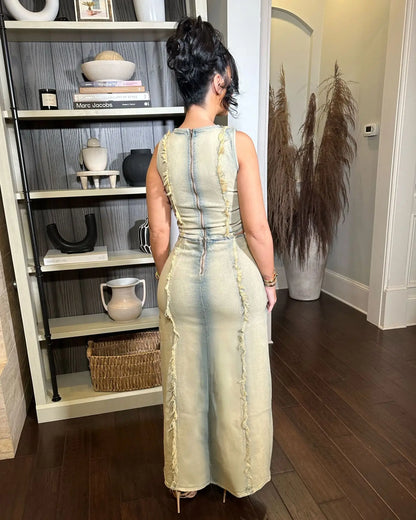 Hollow Out Jeans Skirt Outfit Set Sexy Women Elegant Two Pieces Denim Club Matching Set Top+Long Skirt