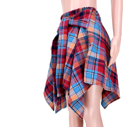 Womens Plaid Skirts High Elastic Waisted Knot Front Asymmetrical Hem Mini Skater Skirt Y2K Streetwear A Line Pleated Skirts