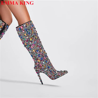 Women Fall Rhinestone Stud Knee High Boots Mixed Color Bling Pointed Toe Female Boots Luxury Designer High Heels Party Shoes