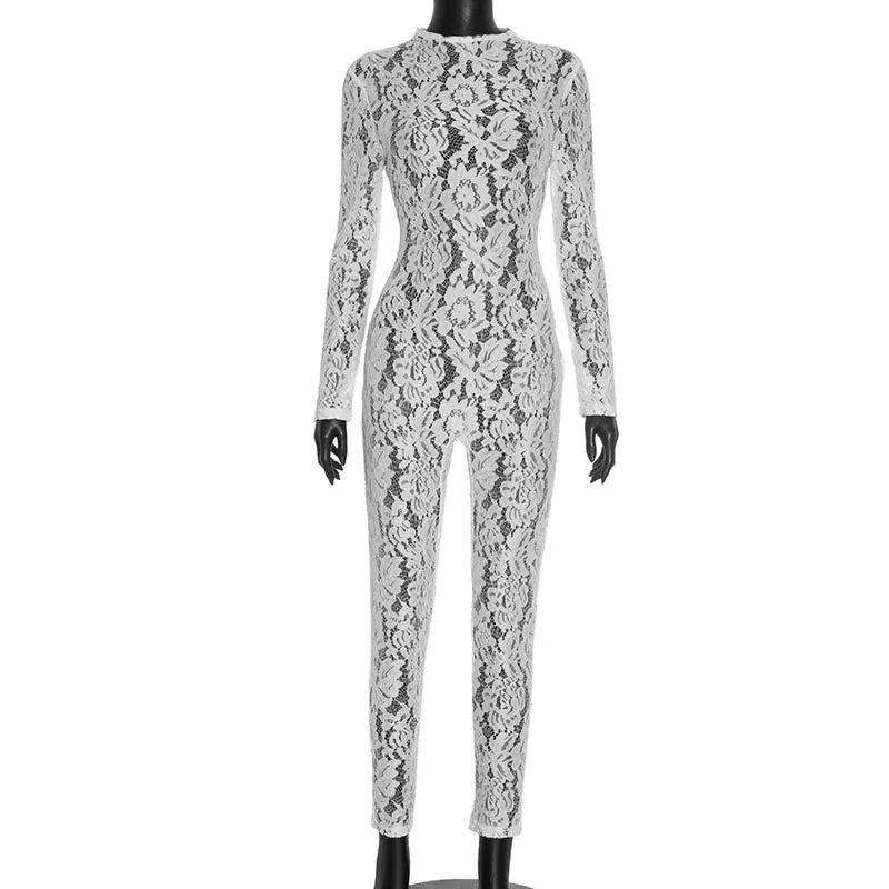 Fall Women's Jacquard Lace Jumpsuit Sexy See-Through Long Sleeve Back Zip Skinny Rompers Coquette Midnight Clubwear