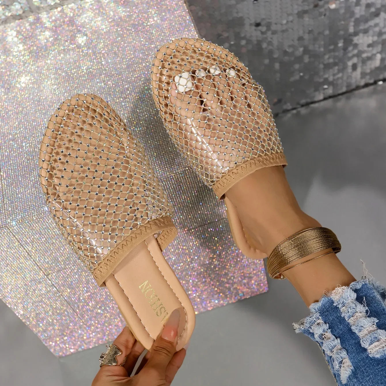 Women Slippers Summer Sexy Mesh Indoor Home Sandals Square Toe Female Flat Slippers Outdoor Clogs Beach Slippers Slides Women
