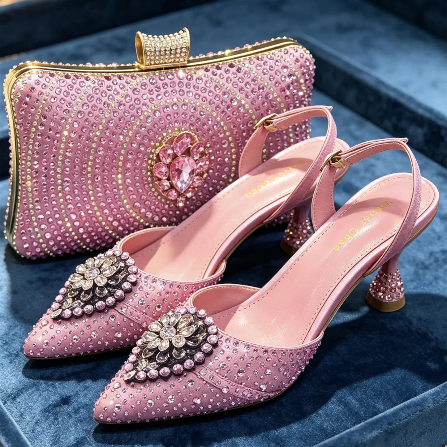 Elegant Women's Green Crystal Rhinestone Party Wedding Shoes & Evening Clutch Bag Set Pointed Toe Slingback Heels Sparkly Purse