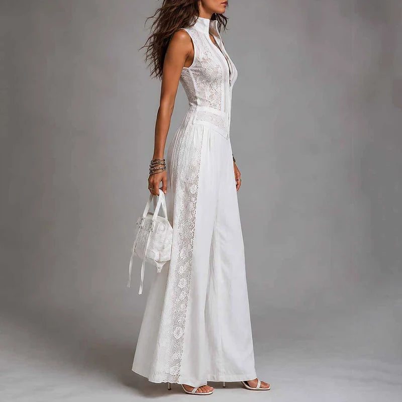 Fashion Stand Collar Zipper Solid Romper Casual Sleeveless Wide Leg Pant Playsuits Women's Elegant Lace Splicing Long Jumpsuits