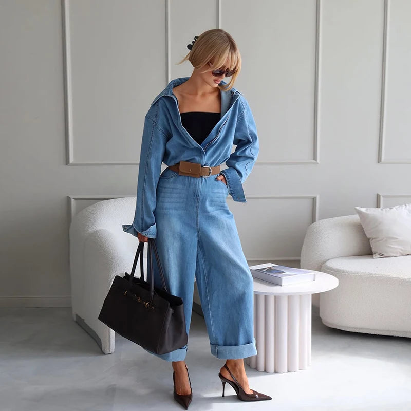 Casual Denim Long Jumpsuits Women Lapel Long Sleeves Zipper Belts Loose Pants Bodysuits Female 2026 Autumn New Chic Streetwears