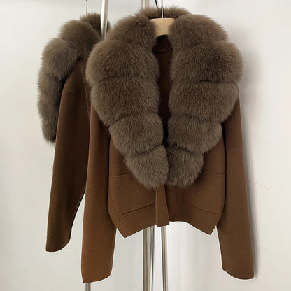 OFTBUY Loose Fit Warm Winter Fashion Lady Outerwear Sweater Female 2025 New Women's Knit Cardigan with Large Real Fox Fur Collar