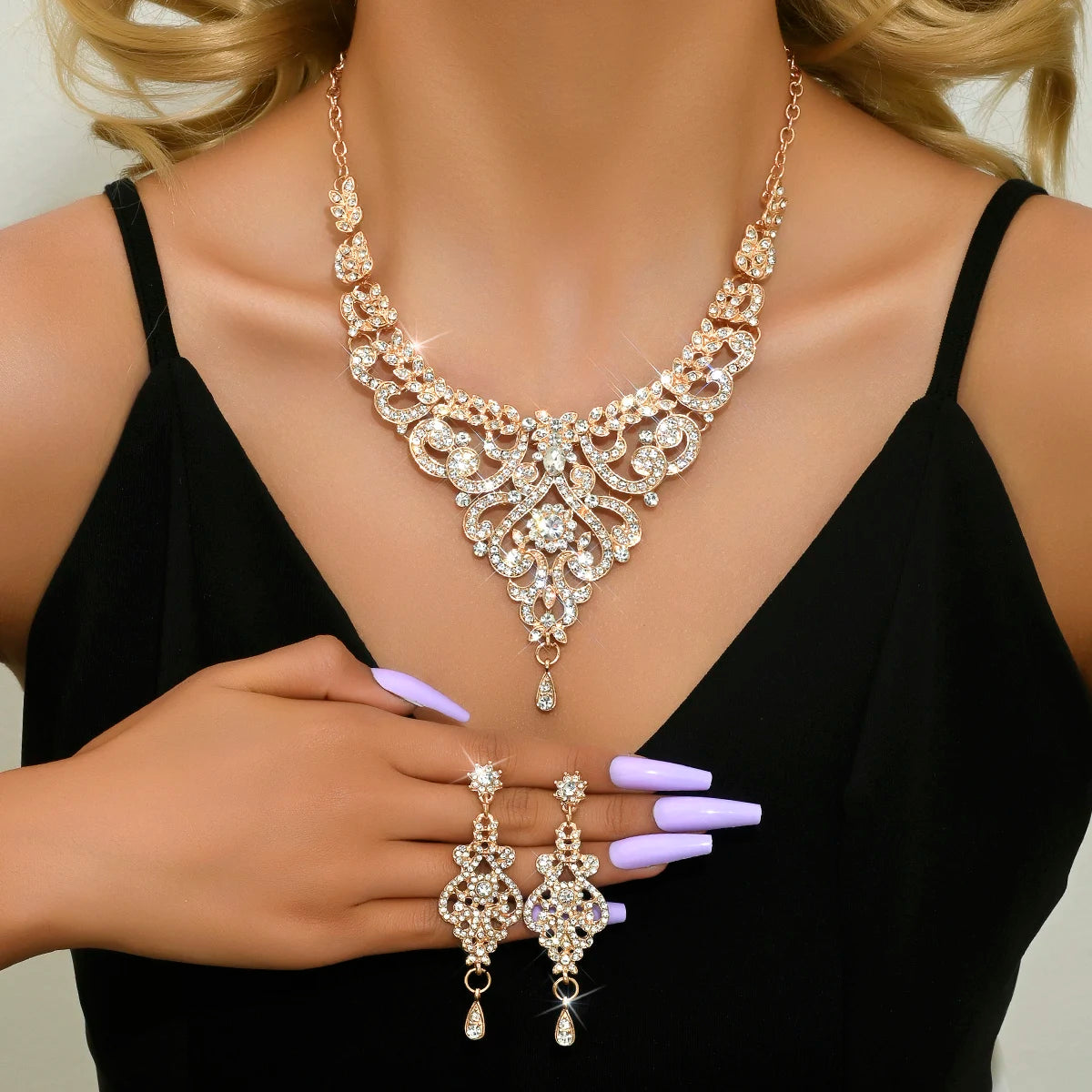 Design Sense Palace Style Jewelry Set, High-End Luxury Rhinestone Inlaid Women's Jewelry Accessories