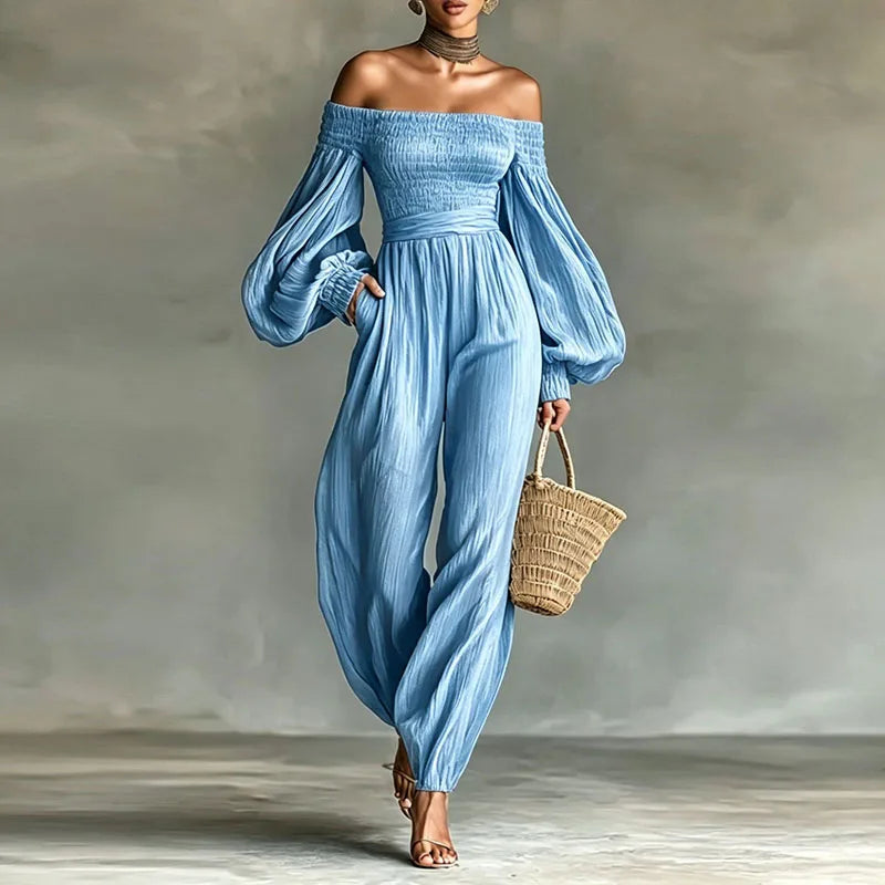 Women Solid Off Shoulder Backless Jumpsuits Lantern Long Sleeve Pleated High Waist Pockets Overalls Casual Holiday Party Rompers