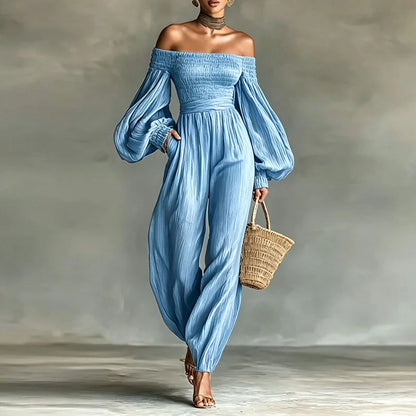 Women Solid Off Shoulder Backless Jumpsuits Lantern Long Sleeve Pleated High Waist Pockets Overalls Casual Holiday Party Rompers