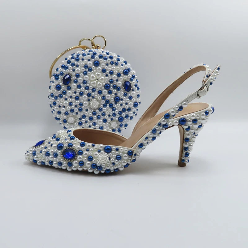 BaoYaFang Green Pointed Toe Pearl Bridal Wedding Shoes and Bag Thin Heel Slingbacks Female Ladies Party Shoe Shallow Women Shoes