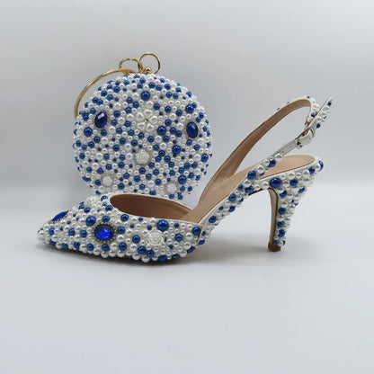 BaoYaFang Green Pointed Toe Pearl Bridal Wedding Shoes and Bag Thin Heel Slingbacks Female Ladies Party Shoe Shallow Women Shoes