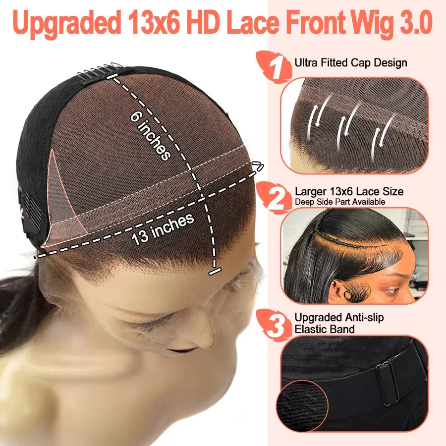 Ultra Fitted Glueless 250% 13x6 Real HD Lace Front Wigs Pre plucked Body Wave 13x4 HD Full Frontal Human Hair Wig For Women 30in