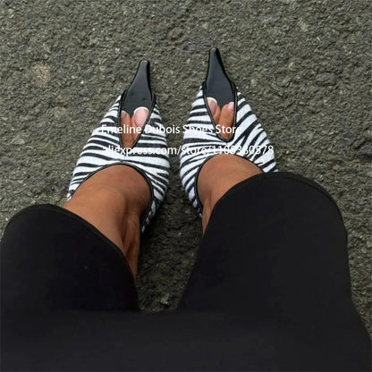 Zebra Print Faux Pony Hair Cutout High Heel Sandals Women Pointed Toe Slip on Stilettos Mules Sexy Party Ladies Dress Sandals