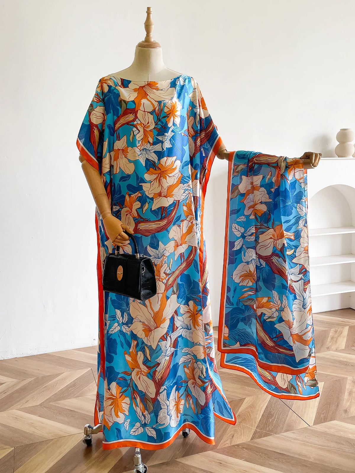 Vibrant Magnolia Floral Print Satin Abaya Scarf Set, Loose Batwing Kaftan For Muslim Women Summer Beach Holiday Wear