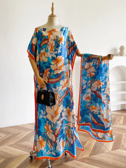 Vibrant Magnolia Floral Print Satin Abaya Scarf Set, Loose Batwing Kaftan For Muslim Women Summer Beach Holiday Wear