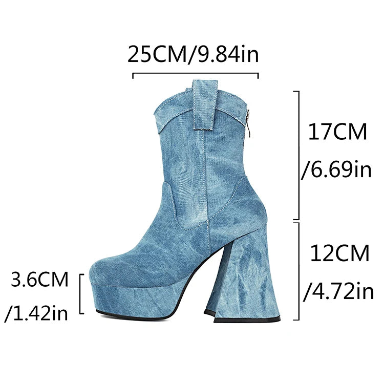 Microfiber Cow Pattern Slip On Short Boots Ultra-High Shaped Tapered Thick Heel Platform Denim Material Ankle Boots
