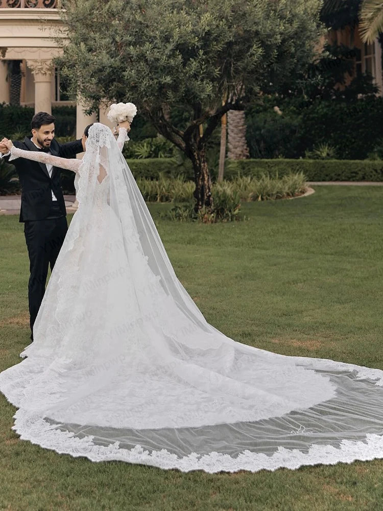 Lace Wedding Dresses High Neck Long Sleeve A Line Bride Dress Sweep Train Princess Bridal Gown Vestido De Novia Customized