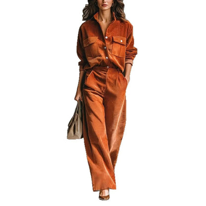 Retro Corduroy Shirt and Wide Leg Pants Matching Set, Autumn Winter Casual Blouse Top and Trousers Jumpsuit