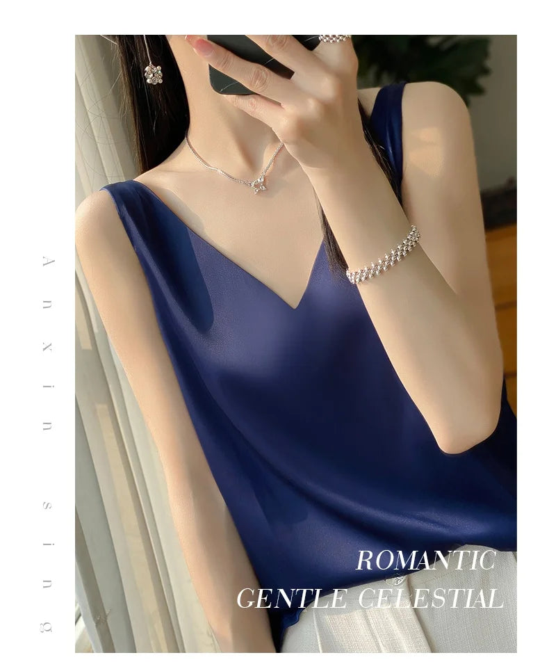 New Lce Silk Satin Camisole Women's Spring/Summer Solid Color Sleeveless Sexy Comfortable Silk Underwear Vest RW-D09