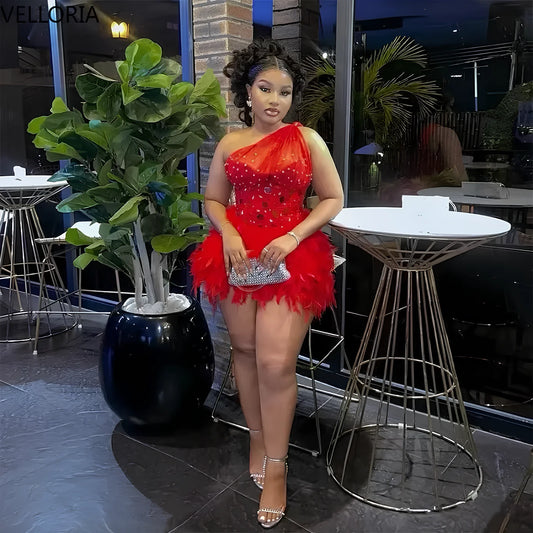 Sexy Red Birthday Dress Mini Luxury Feather Hem One Shoulder Rhinestone Corset Cocktail Party Gowns Night Clubwear Customized