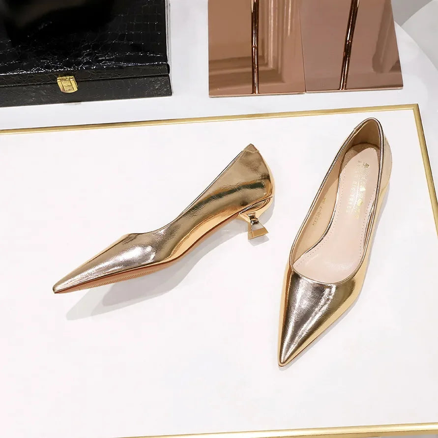 Women Comfortable 3.5cm High Heels Shallow Pointed Toe Work Pumps Lady Glossy Leather Low Heels 2024 Luxury Brand Designer Shoes