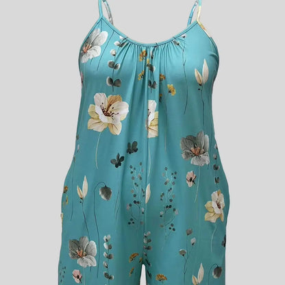 Plus Size Allover Print Cami Romper Jumpsuit, Casual Pocket Ruched Sleeveless Romper Jumpsuit, Women's Plus Size Clothing