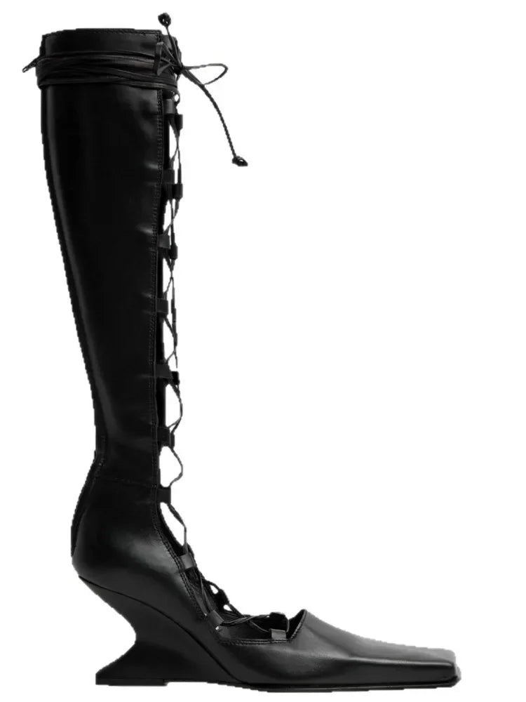 2026 Summer Hollow Out Strap Square Shaped Thick High Heels Summer Cool Boots Fashionable and Sexy Women's Sandals