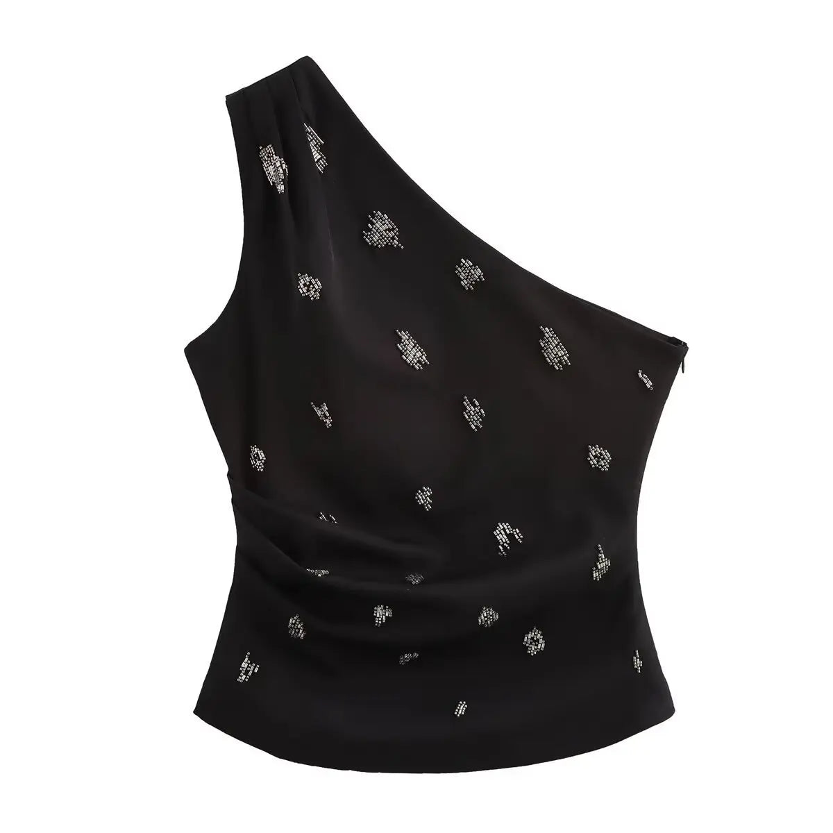 2025 New Women Sexy Single Shoulder Pearl Beading Asymmetrical Blouse T-shirt Summer Women Side Zipper Slim Shirts Chic Tops