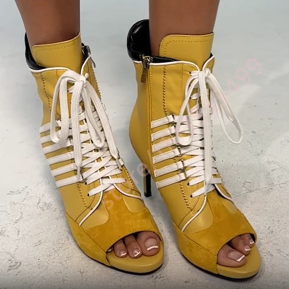 2026 Summer New Style Striped Peep Toe Ankle Boots Women Front Lace Up Thin Stiletto High Heel Fashion Streetwear Booties