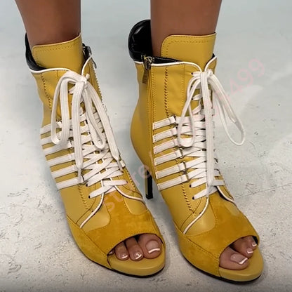 2026 Summer New Style Striped Peep Toe Ankle Boots Women Front Lace Up Thin Stiletto High Heel Fashion Streetwear Booties