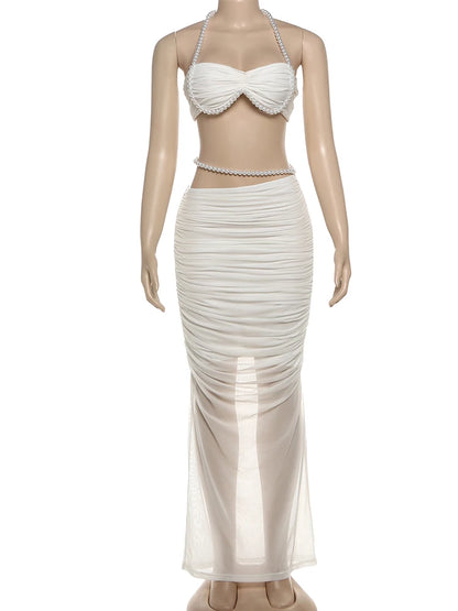 Weird Puss Sexy Bead Patchwork 2-Piece Set Women Ruched Halter Bra+Waistless Bottom Matching Elegant Beach Vacation Slim Outfits