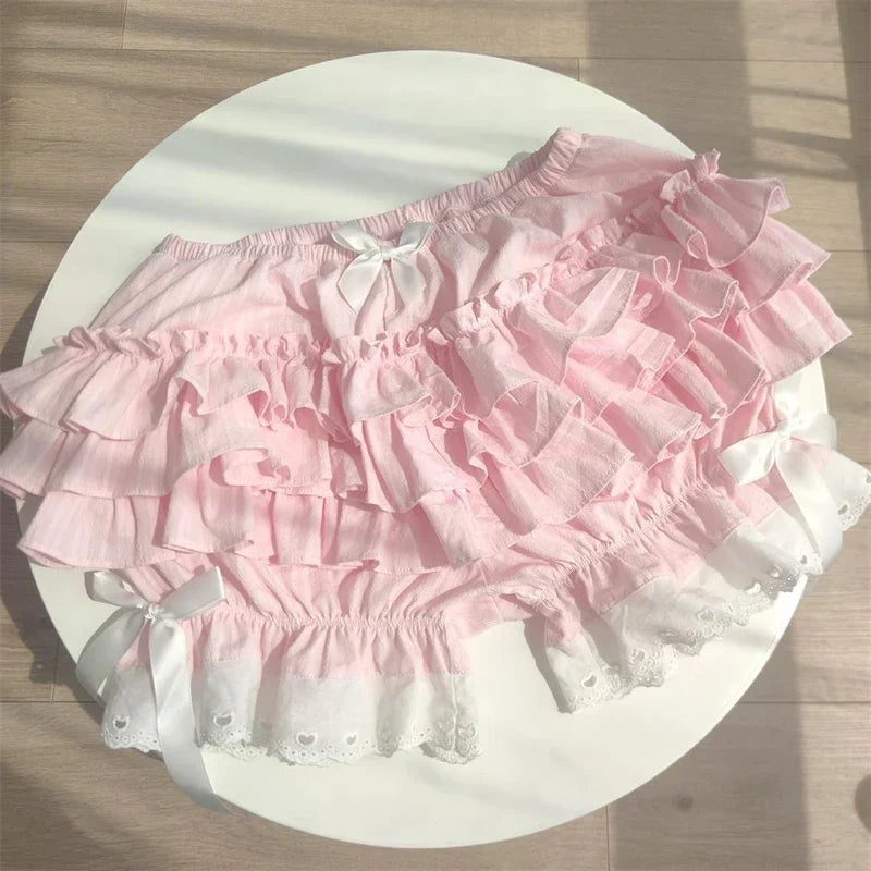 Pink Pleated panties woman pumpkin cute panties bow knot lolita safety shorts vintage pants victorian bloomers