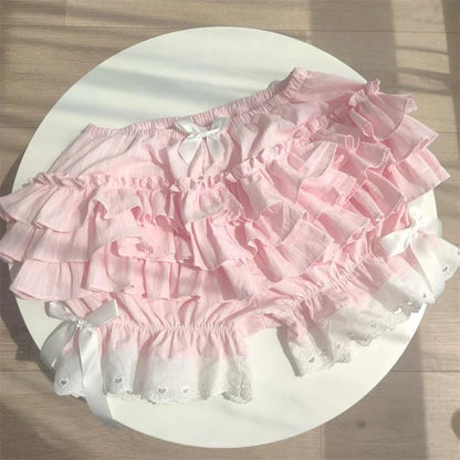 Pink Pleated panties woman pumpkin cute panties bow knot lolita safety shorts vintage pants victorian bloomers